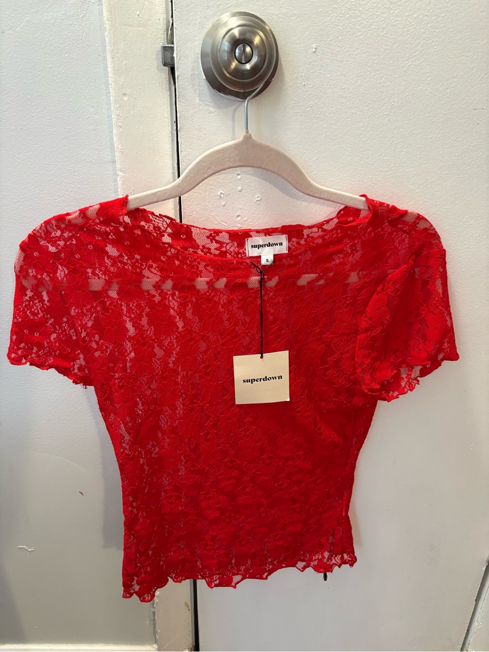 Women’s Superdown Red Lace Sheer Top from Revolve-S